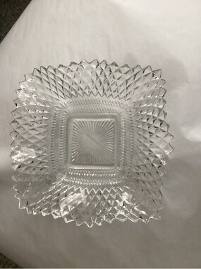 Indiana Glass Diamond Point pattern and ruffled edges.  Used for nuts/candy bowl